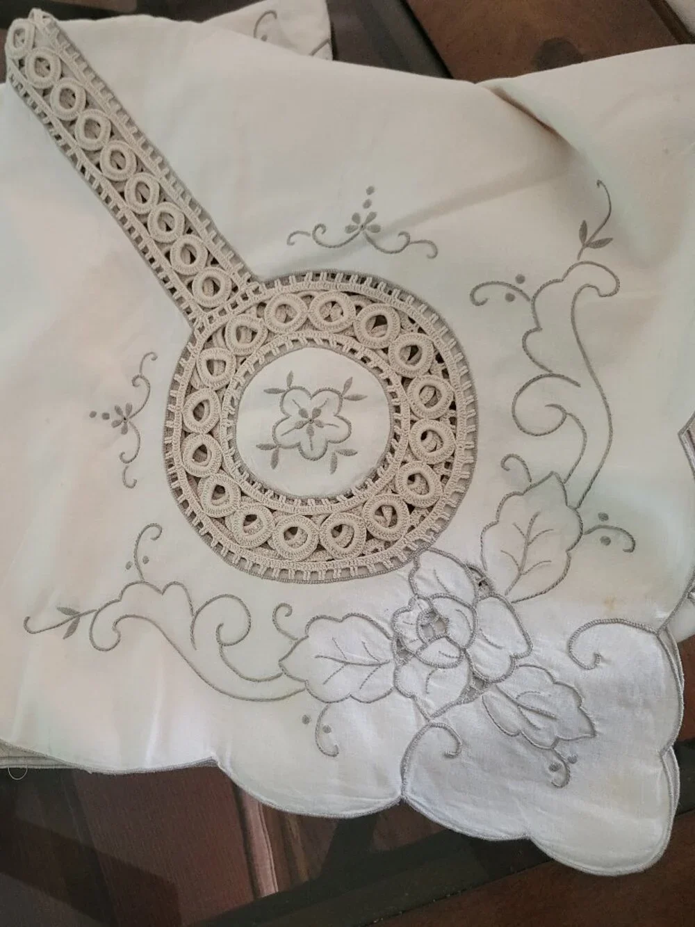 Vintage Cream and Ecru Lace and Embroidered Tablcloth